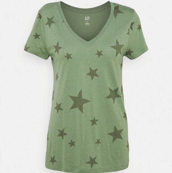 GAP Tops - Gap Favorite V-neck T-shirt Star Print olive Green L